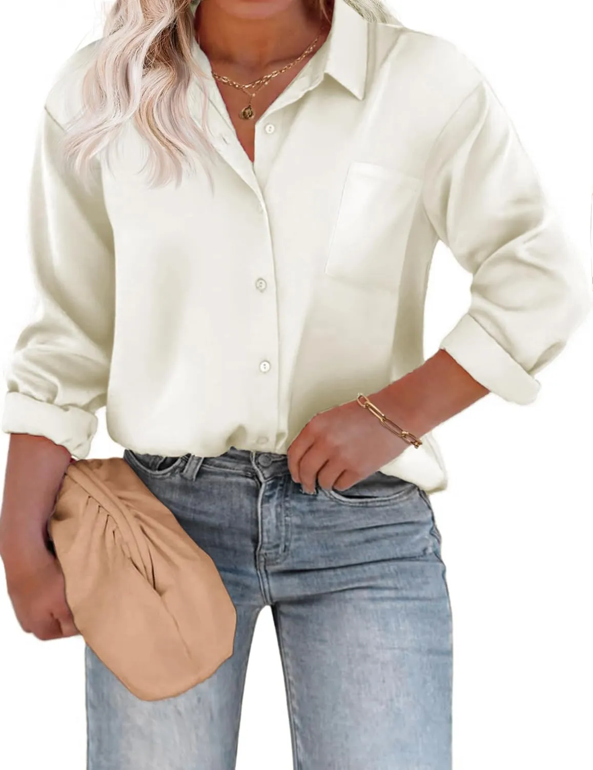 IN'VOLAND Womens Plus Size Satin Silk Button Down Shirt V Neck Long Sleeve Casual Collared Work Blouse Tops with Pocket