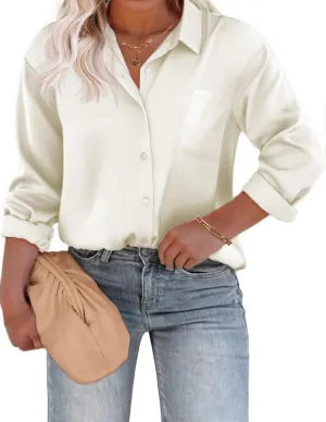 IN'VOLAND Womens Plus Size Satin Silk Button Down Shirt V Neck Long Sleeve Casual Collared Work Blouse Tops with Pocket