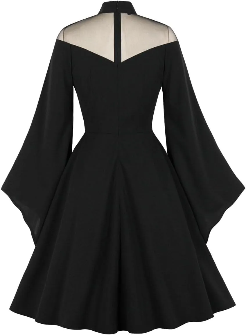 IWEMEK Women Mesh Long Sleeve Gothic Cocktail Vintage Dress Goth Sheer Illusion Panel Wedding Guest Evening Party Swing Dress