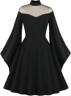 IWEMEK Women Mesh Long Sleeve Gothic Cocktail Vintage Dress Goth Sheer Illusion Panel Wedding Guest Evening Party Swing Dress