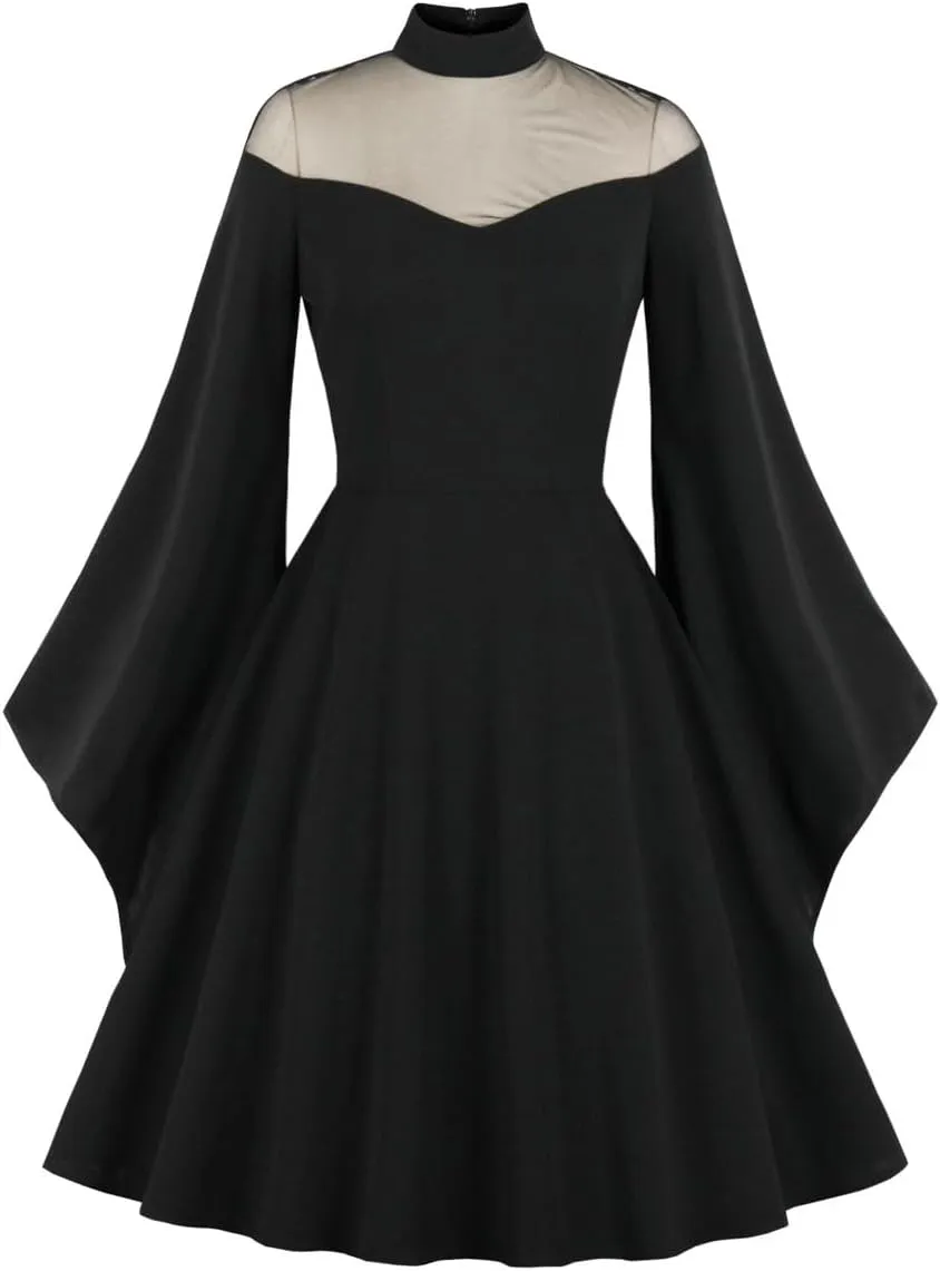 IWEMEK Women Mesh Long Sleeve Gothic Cocktail Vintage Dress Goth Sheer Illusion Panel Wedding Guest Evening Party Swing Dress