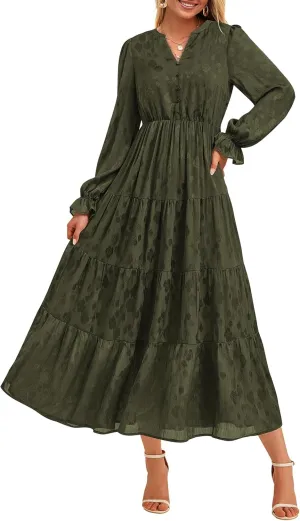 KIRUNDO Dresses for Women 2025 Elegant Classy Wedding Guest Maxi Long Sleeve Empire Waist Ruffle Tiered A Line Long Dress