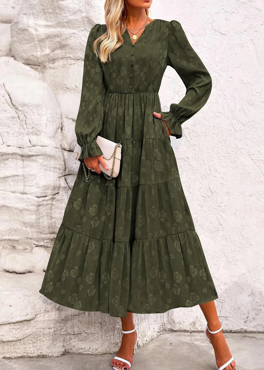 KIRUNDO Dresses for Women 2025 Elegant Classy Wedding Guest Maxi Long Sleeve Empire Waist Ruffle Tiered A Line Long Dress