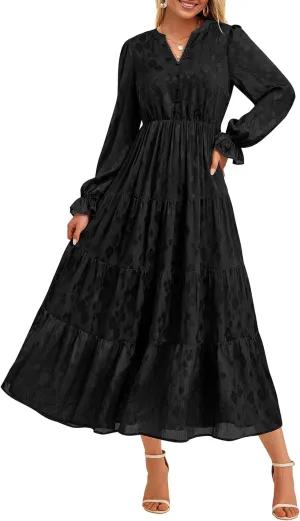 KIRUNDO Dresses for Women 2025 Elegant Classy Wedding Guest Maxi Long Sleeve Empire Waist Ruffle Tiered A Line Long Dress
