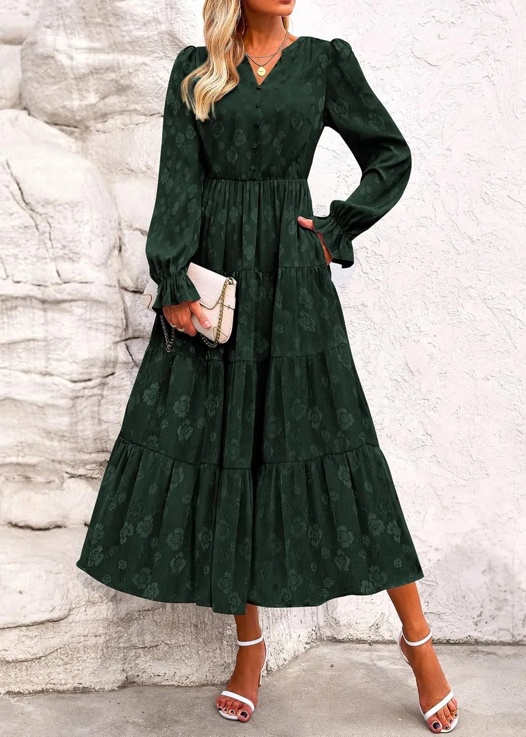 KIRUNDO Dresses for Women 2025 Elegant Classy Wedding Guest Maxi Long Sleeve Empire Waist Ruffle Tiered A Line Long Dress