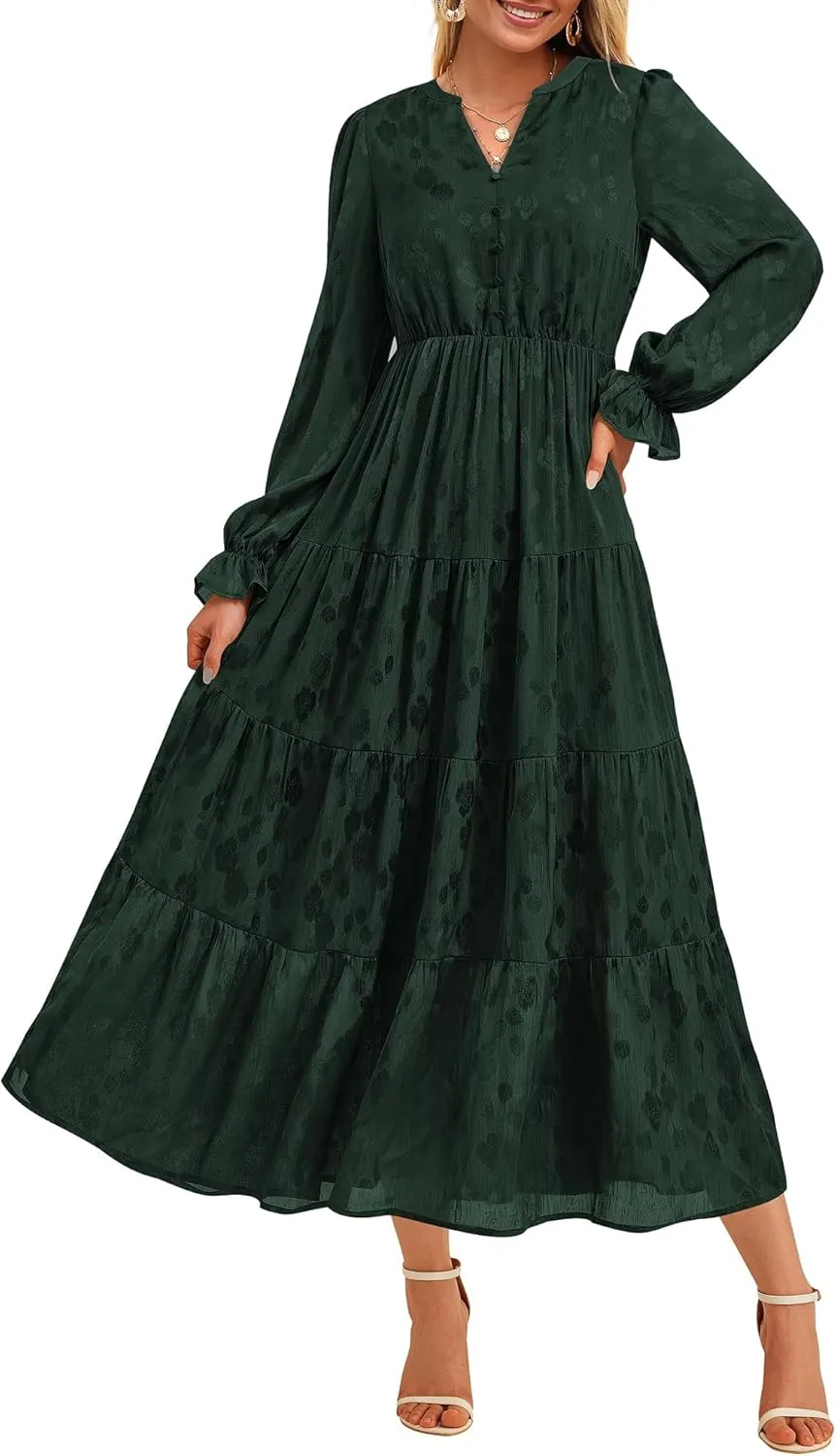 KIRUNDO Dresses for Women 2025 Elegant Classy Wedding Guest Maxi Long Sleeve Empire Waist Ruffle Tiered A Line Long Dress