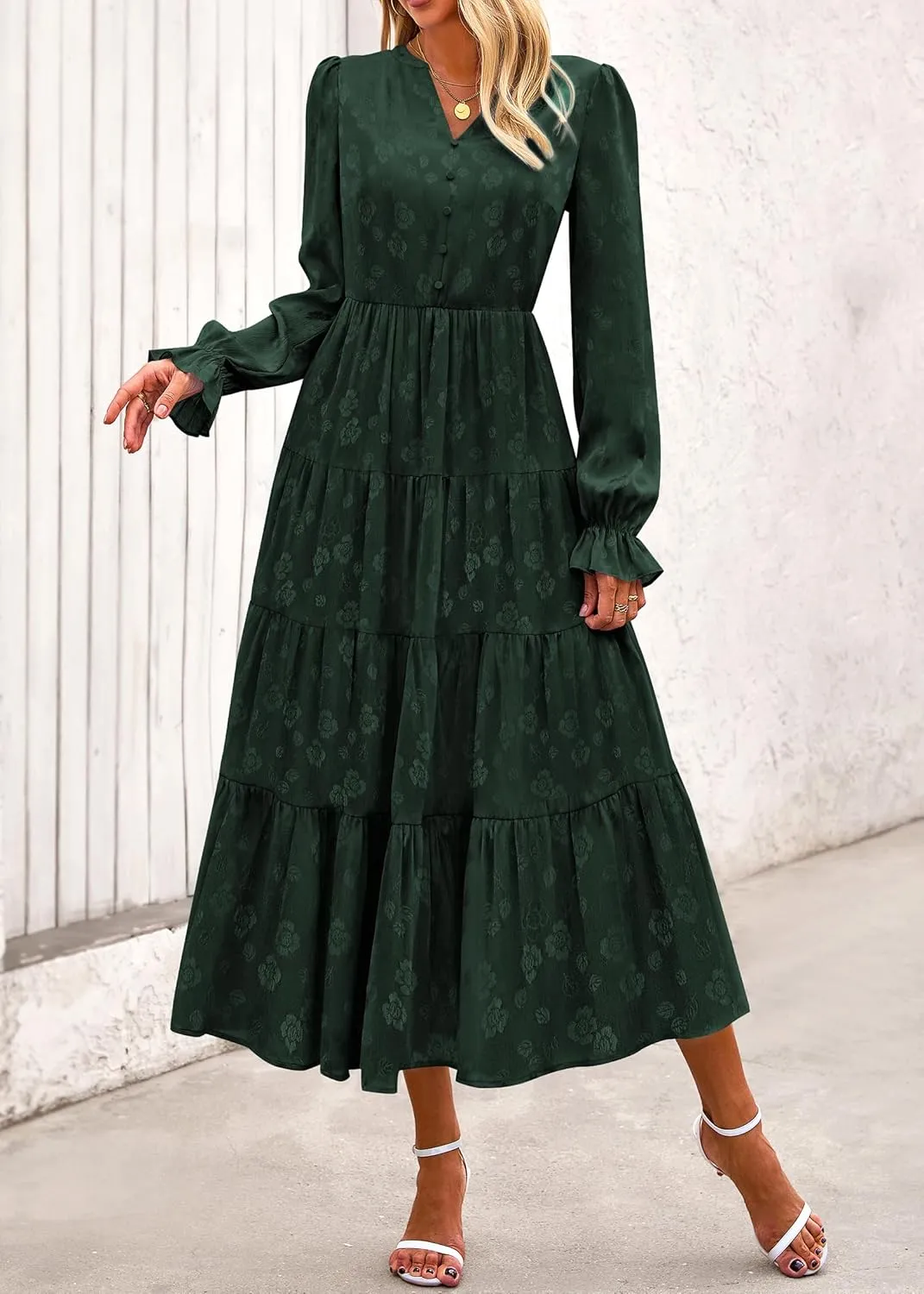 KIRUNDO Dresses for Women 2025 Elegant Classy Wedding Guest Maxi Long Sleeve Empire Waist Ruffle Tiered A Line Long Dress