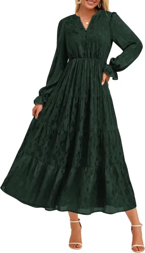 KIRUNDO Dresses for Women 2025 Elegant Classy Wedding Guest Maxi Long Sleeve Empire Waist Ruffle Tiered A Line Long Dress
