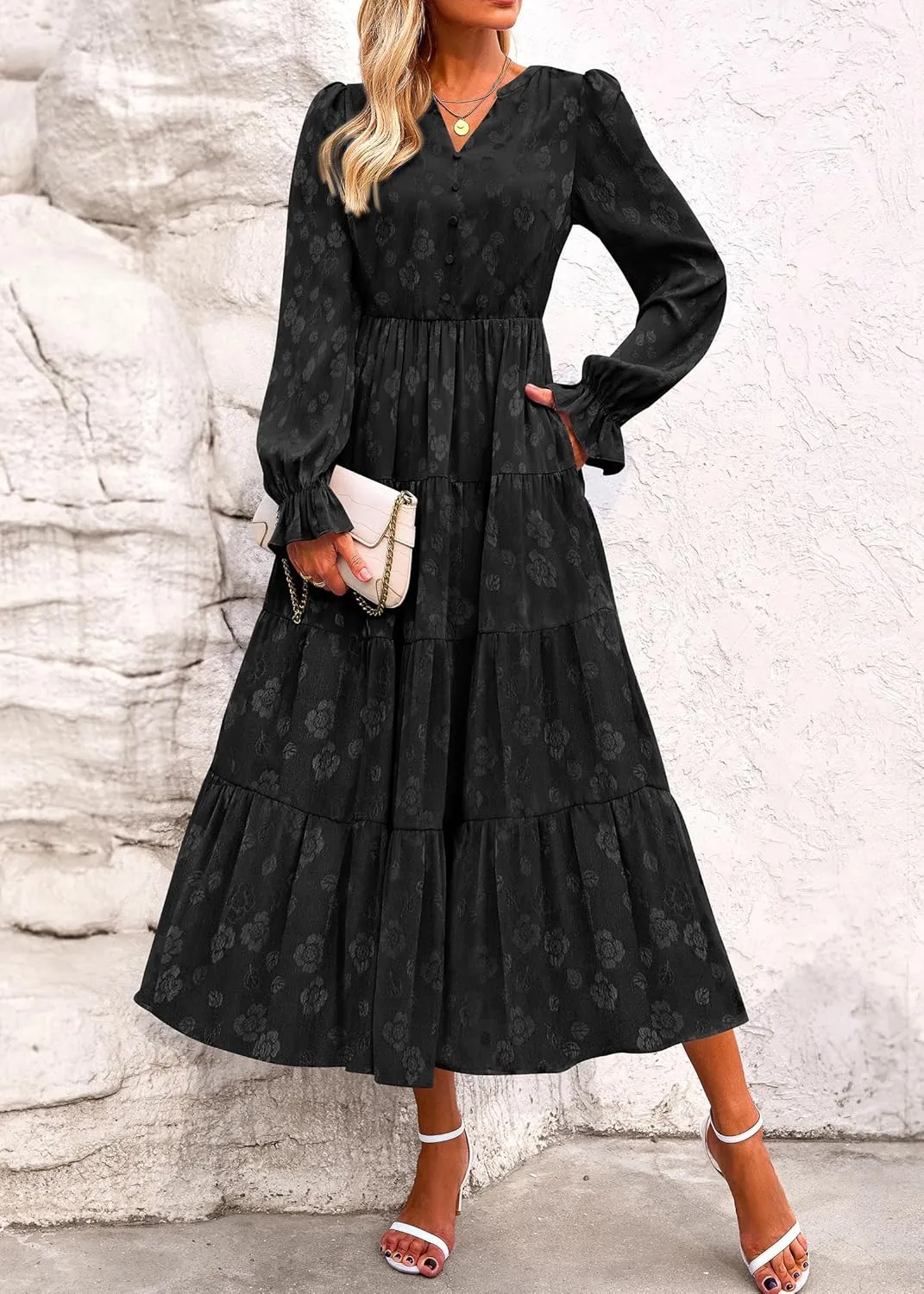 KIRUNDO Dresses for Women 2025 Elegant Classy Wedding Guest Maxi Long Sleeve Empire Waist Ruffle Tiered A Line Long Dress