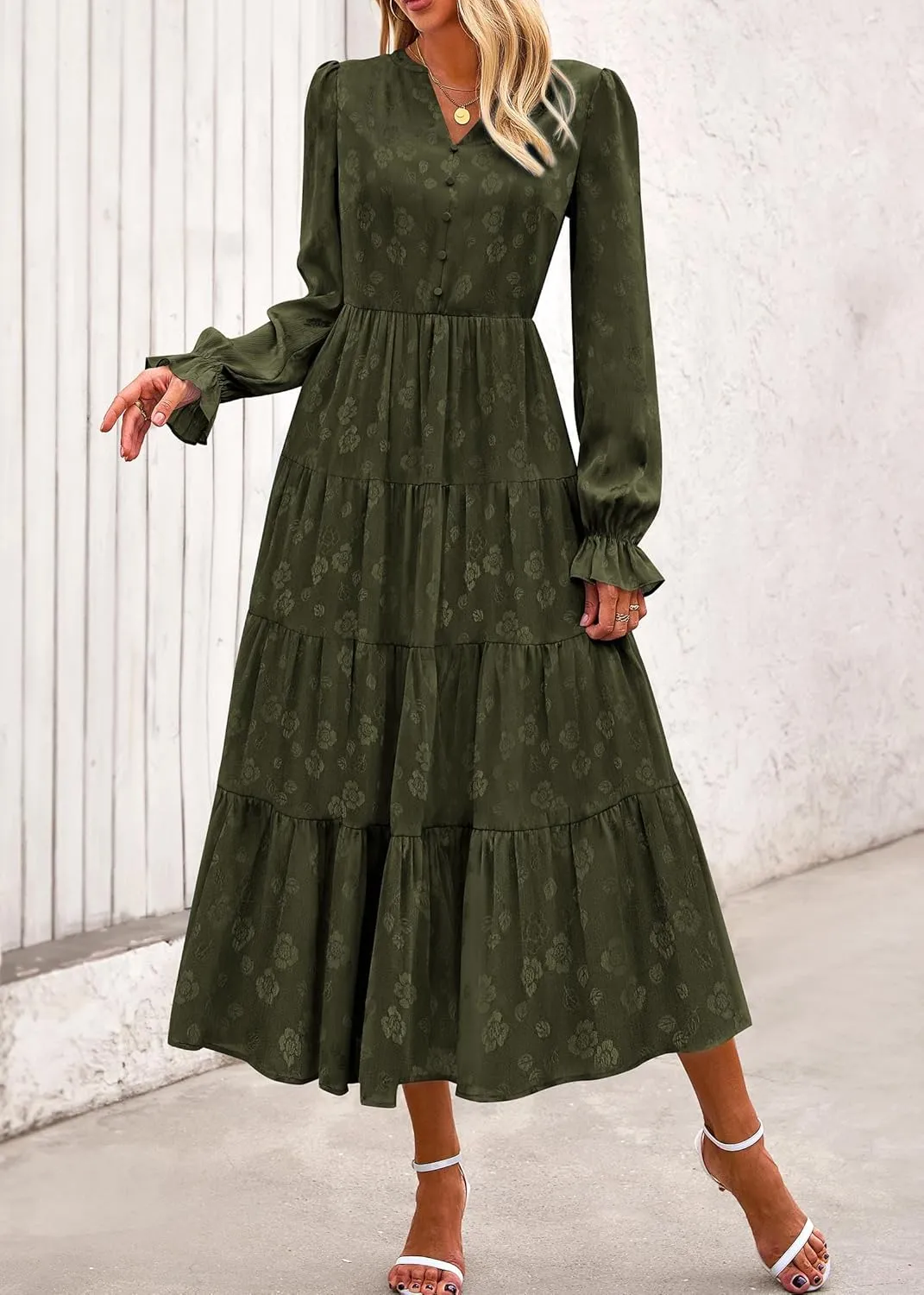 KIRUNDO Dresses for Women 2025 Elegant Classy Wedding Guest Maxi Long Sleeve Empire Waist Ruffle Tiered A Line Long Dress