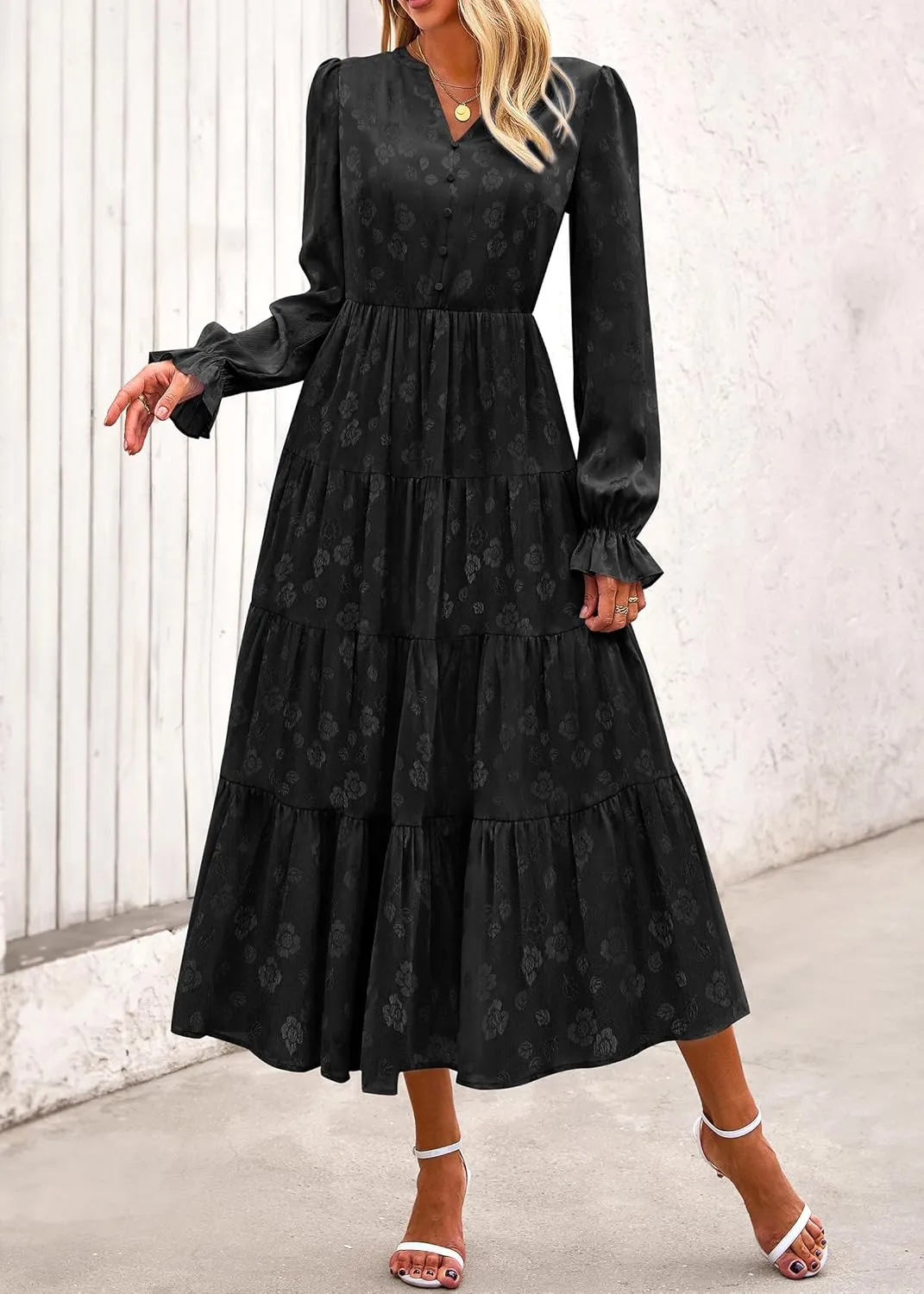 KIRUNDO Dresses for Women 2025 Elegant Classy Wedding Guest Maxi Long Sleeve Empire Waist Ruffle Tiered A Line Long Dress