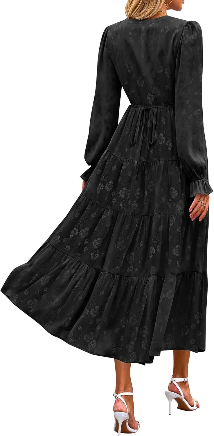 KIRUNDO Dresses for Women 2025 Elegant Classy Wedding Guest Maxi Long Sleeve Empire Waist Ruffle Tiered A Line Long Dress