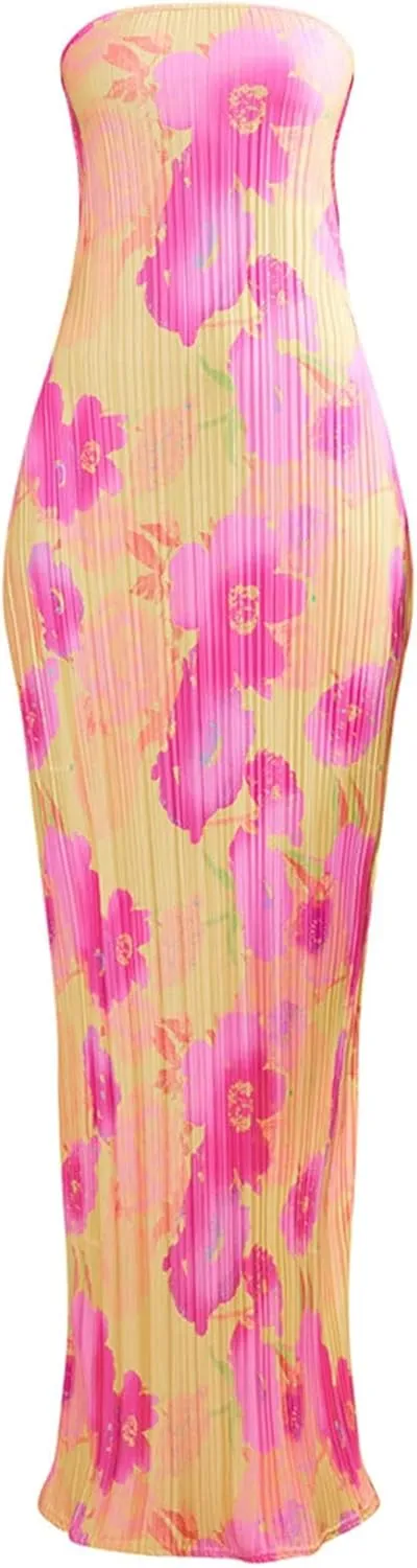 KMBANGI Womens Pink Floral Pleated Tube Maxi Dress Sleeveless Off Shoulder Strapless Backless Party Dress S, M, L, XL