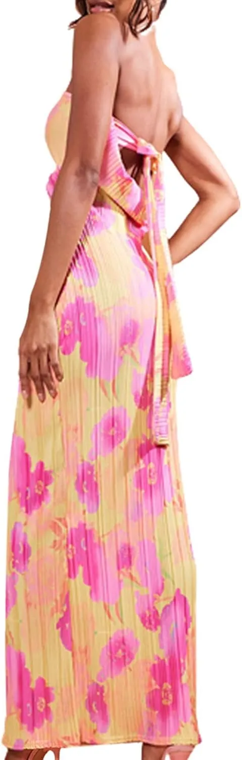 KMBANGI Womens Pink Floral Pleated Tube Maxi Dress Sleeveless Off Shoulder Strapless Backless Party Dress S, M, L, XL