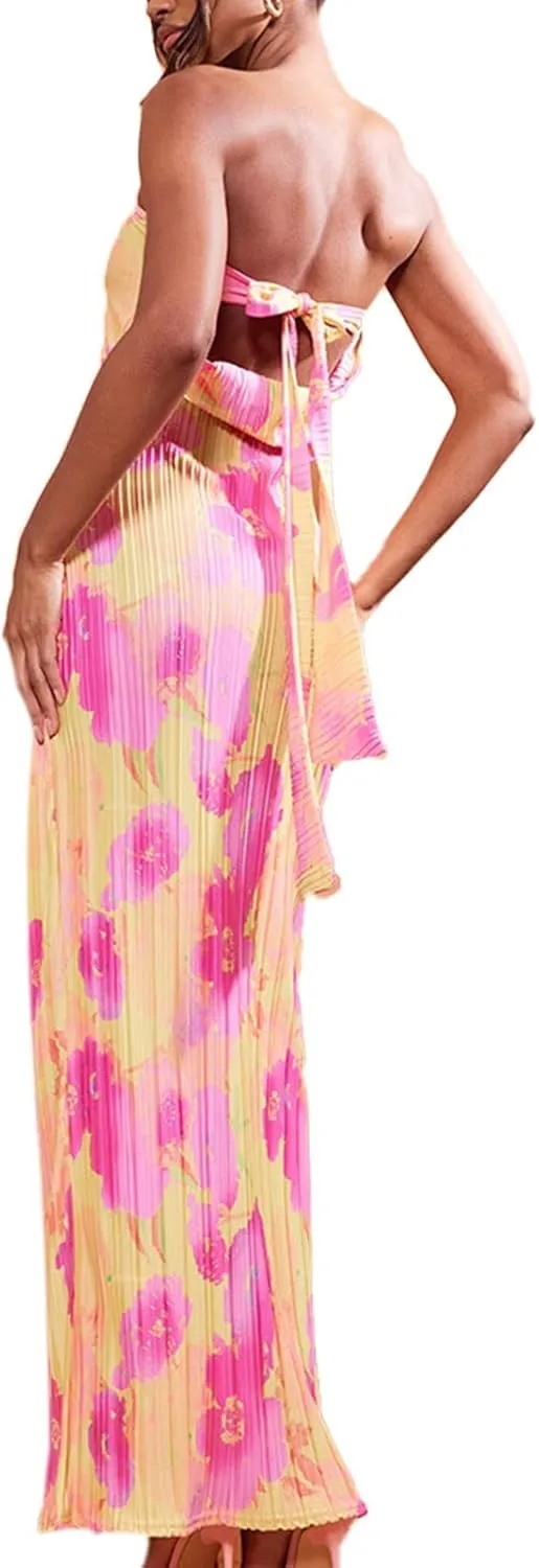 KMBANGI Womens Pink Floral Pleated Tube Maxi Dress Sleeveless Off Shoulder Strapless Backless Party Dress S, M, L, XL