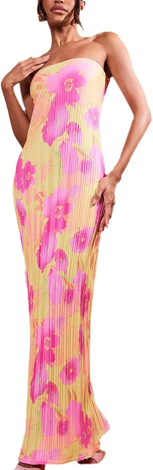 KMBANGI Womens Pink Floral Pleated Tube Maxi Dress Sleeveless Off Shoulder Strapless Backless Party Dress S, M, L, XL