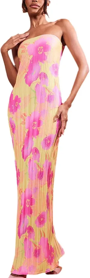 KMBANGI Womens Pink Floral Pleated Tube Maxi Dress Sleeveless Off Shoulder Strapless Backless Party Dress S, M, L, XL