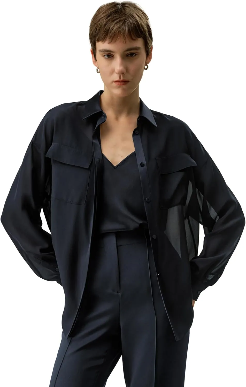LilySilk Womens Silk Blouse Ladies Lightweight Soft Semi-Sheer Silk Chiffon Shirt with Camisole