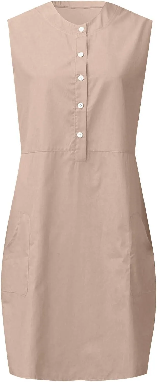 Linen Dresses for Women 2025 Sleeveless Button Down Shirt Dress Casual Summer Mini Dresses with Pockets