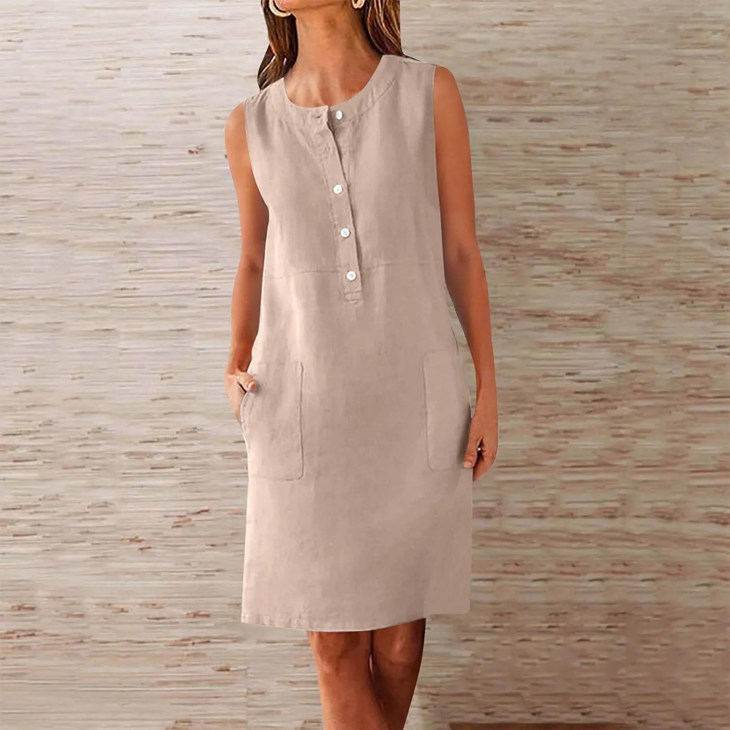 Linen Dresses for Women 2025 Sleeveless Button Down Shirt Dress Casual Summer Mini Dresses with Pockets