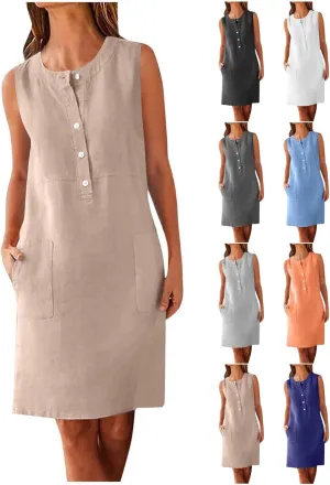 Linen Dresses for Women 2025 Sleeveless Button Down Shirt Dress Casual Summer Mini Dresses with Pockets