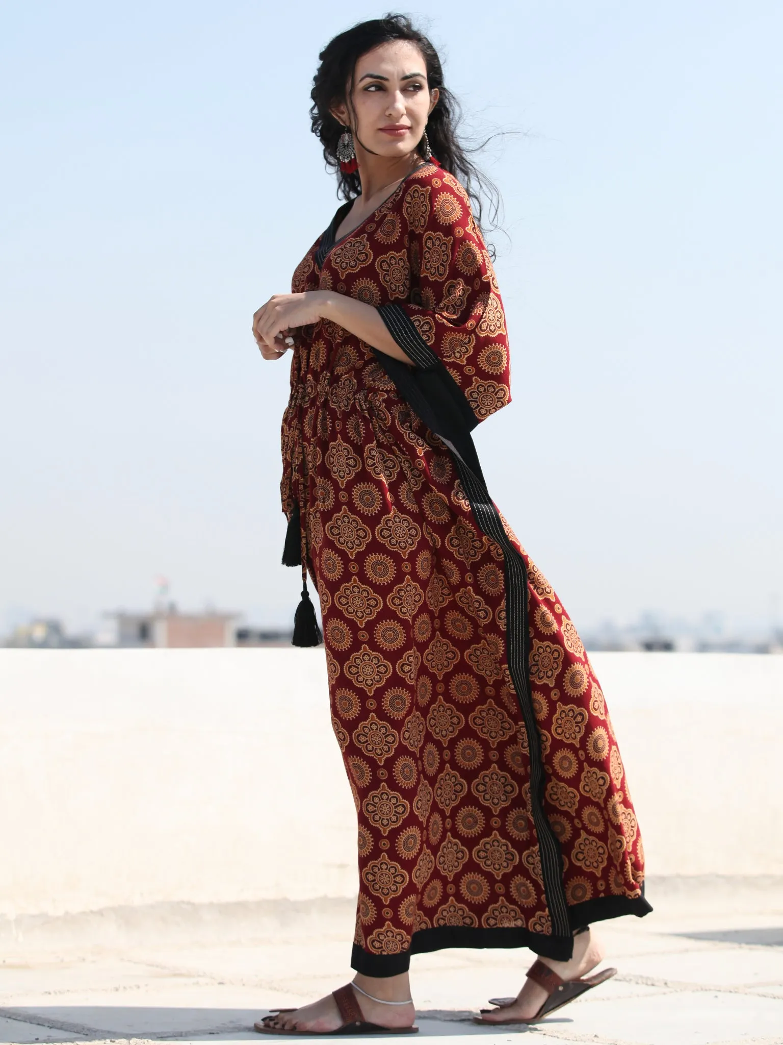 Maroon Black Ajrakh Hand Block Printed Kaftan - K140F1550