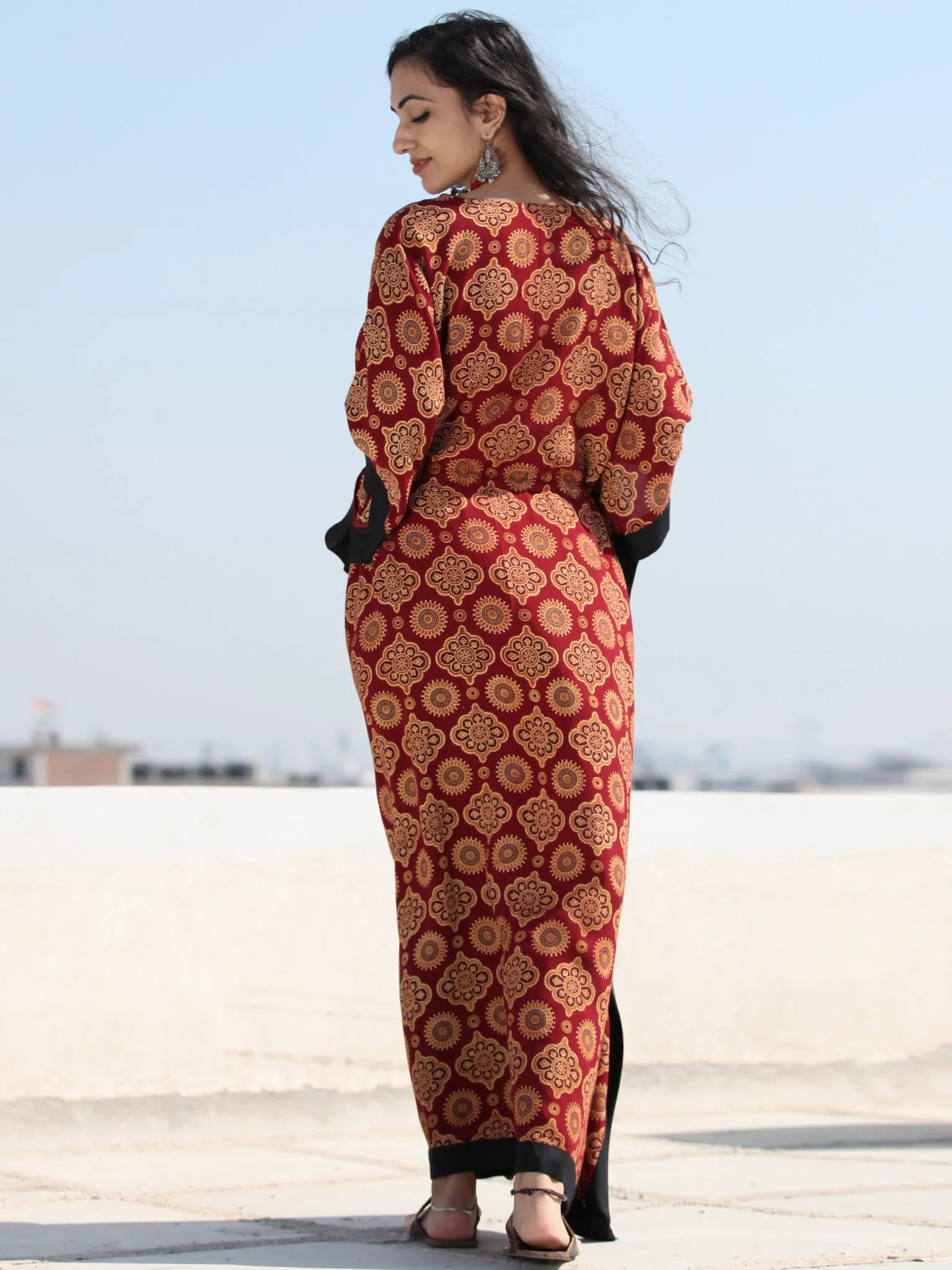 Maroon Black Ajrakh Hand Block Printed Kaftan - K140F1550