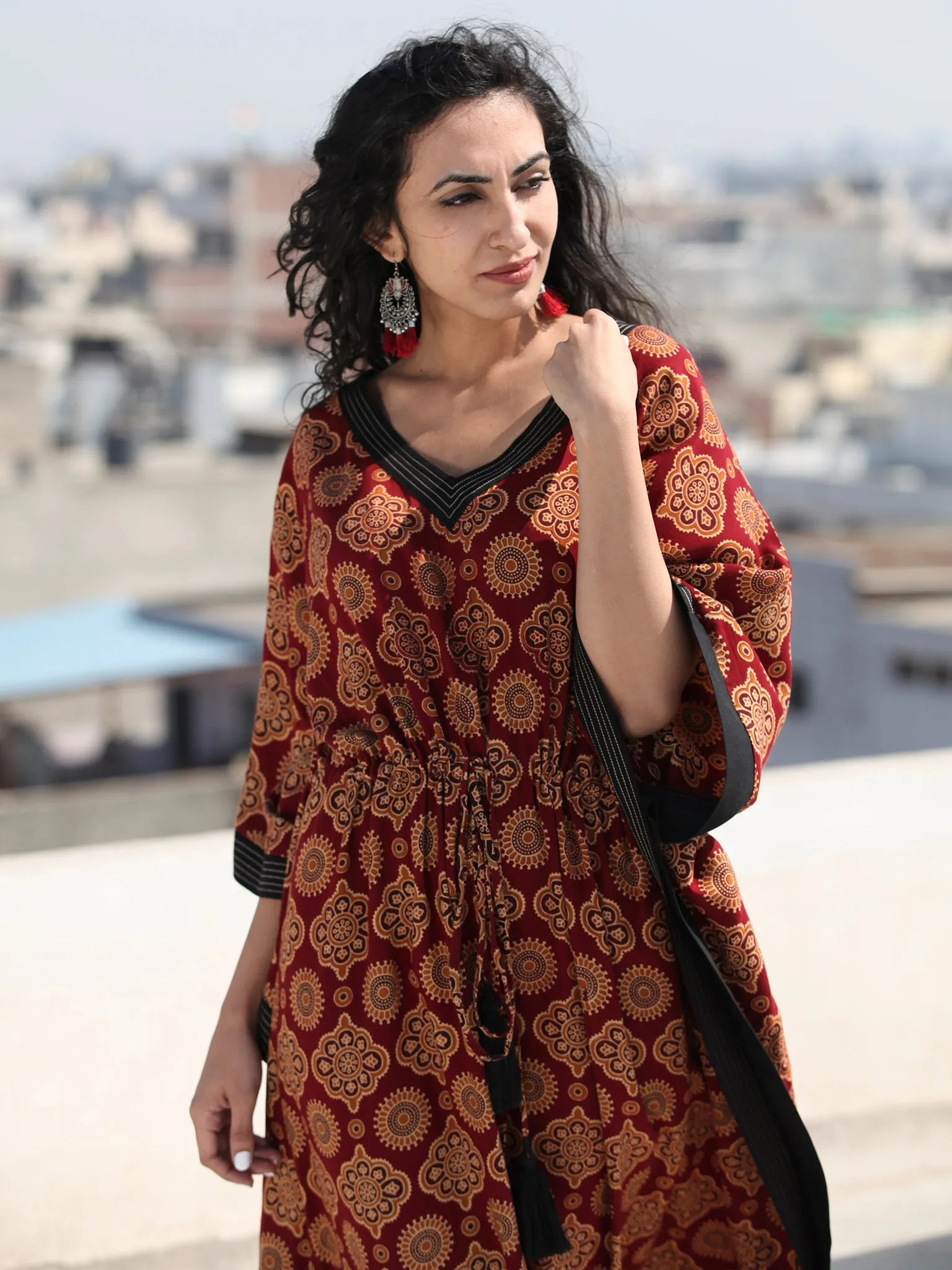 Maroon Black Ajrakh Hand Block Printed Kaftan - K140F1550