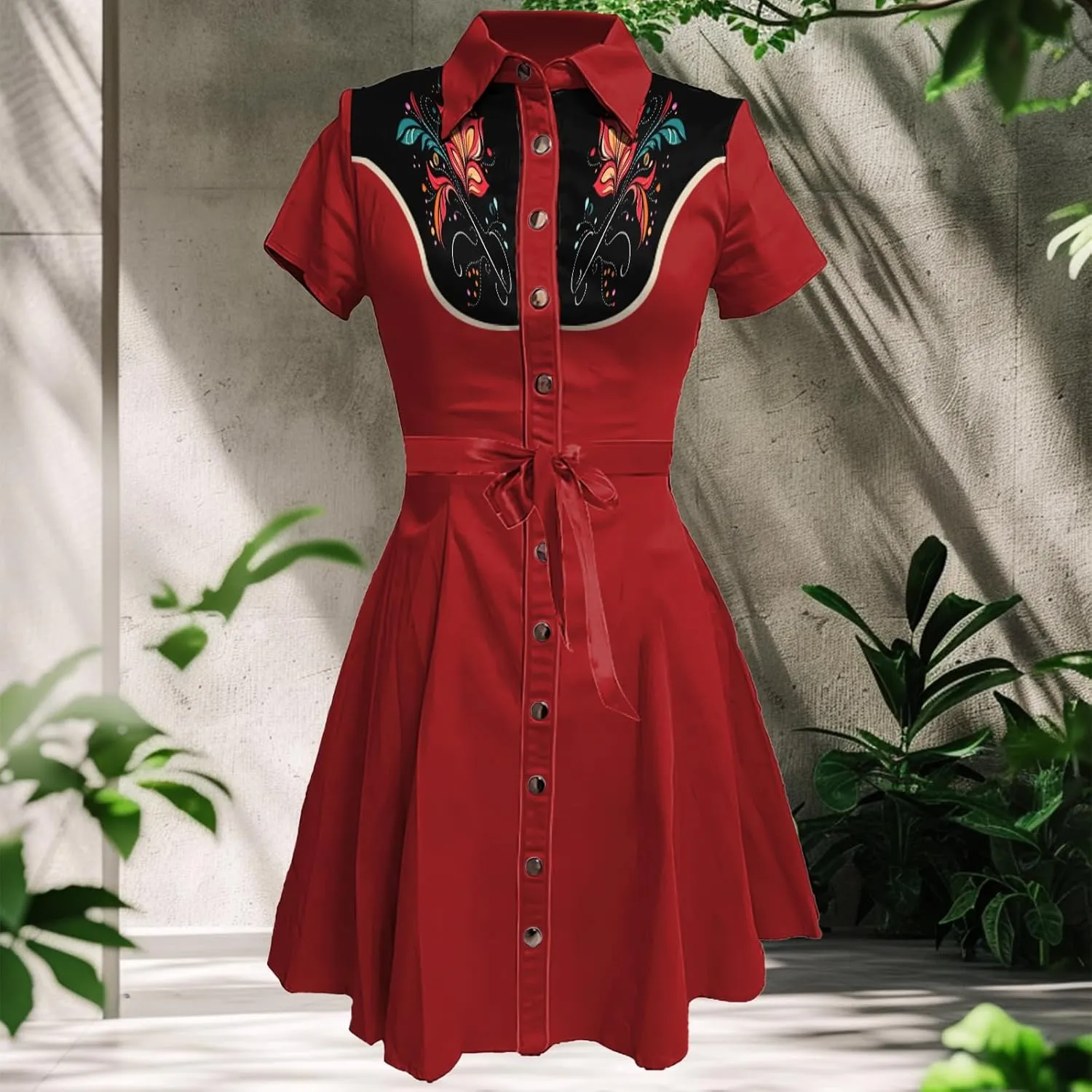 MARSVOVO Vintage Western Flower Printed Shirt Dress Women Summer Button Down Casual Retro Cowgirl Style Midi Dresses