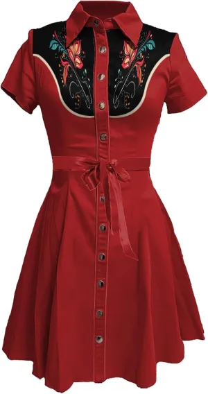 MARSVOVO Vintage Western Flower Printed Shirt Dress Women Summer Button Down Casual Retro Cowgirl Style Midi Dresses