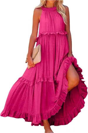 Maxi Dresses for Women 2025 Sleeveless Sexy Tiered Flowy Long Dress Summer Loose Smocked Ruffle Swing Beach Dresses