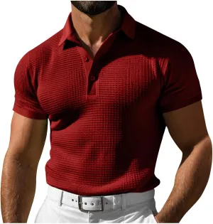 Men's Waffle Knit Polo Shirts Summer Short Sleeve Texture Lightweight Golf Shirts Sweater Muscle T-Shirt Tops