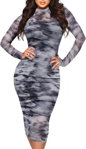 MOEENCN Sexy Long Sleeve Midi Dress for Women Sheer Mesh Printed 2 Piece Skirt Set Crew Neck See Through Bodycon Clubwear