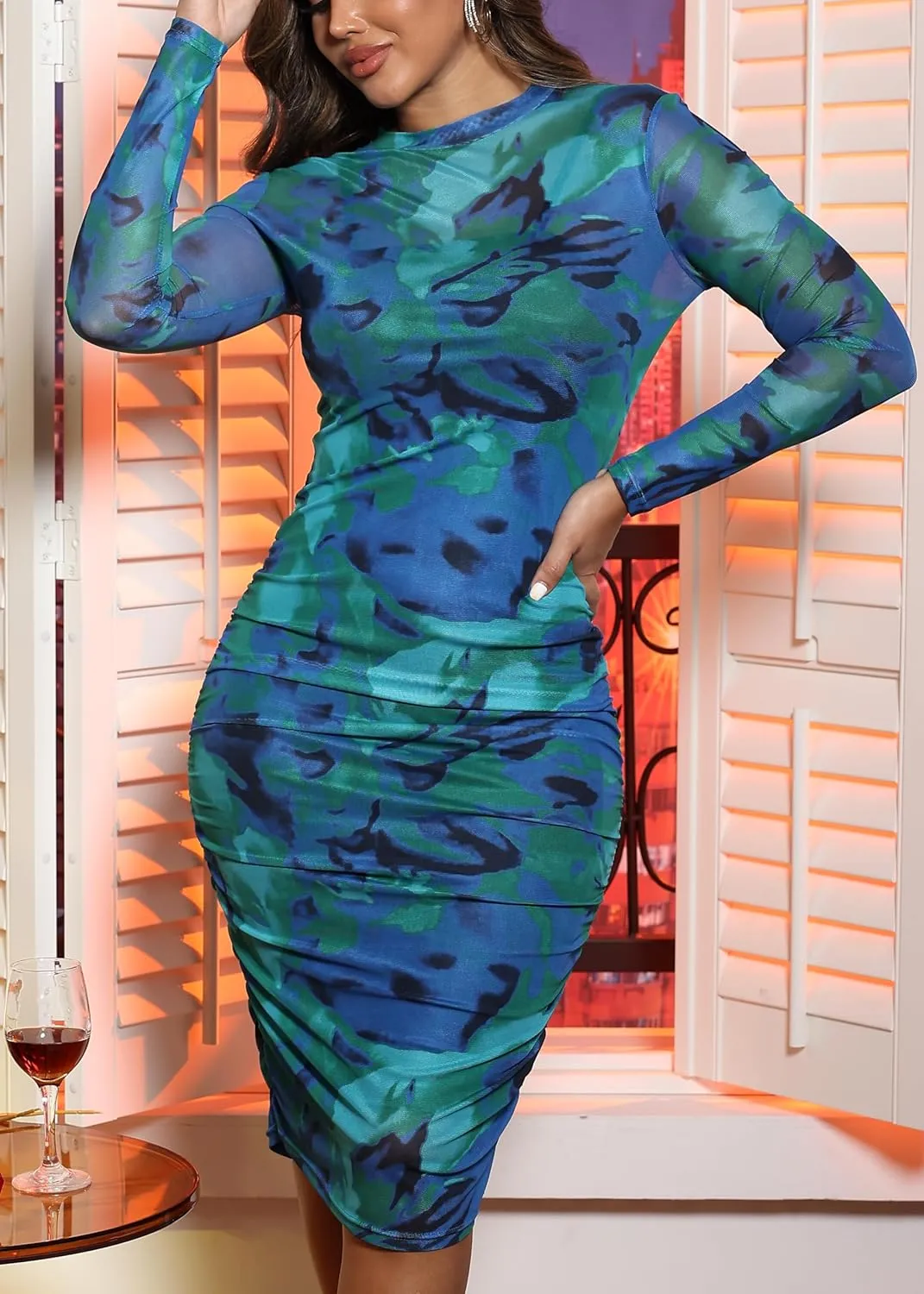 MOEENCN Sexy Long Sleeve Midi Dress for Women Sheer Mesh Printed 2 Piece Skirt Set Crew Neck See Through Bodycon Clubwear