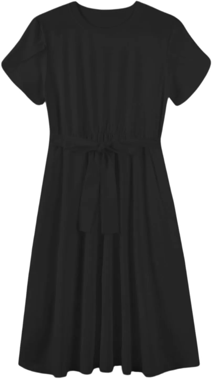 NBXNZWF Women 2025 Summer Dress Short Sleeve Crewneck Belt Midi Dress Floral Print Elegant A Line T-Shirt Dress with Pockets