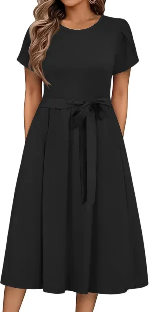 NBXNZWF Women 2025 Summer Dress Short Sleeve Crewneck Belt Midi Dress Floral Print Elegant A Line T-Shirt Dress with Pockets
