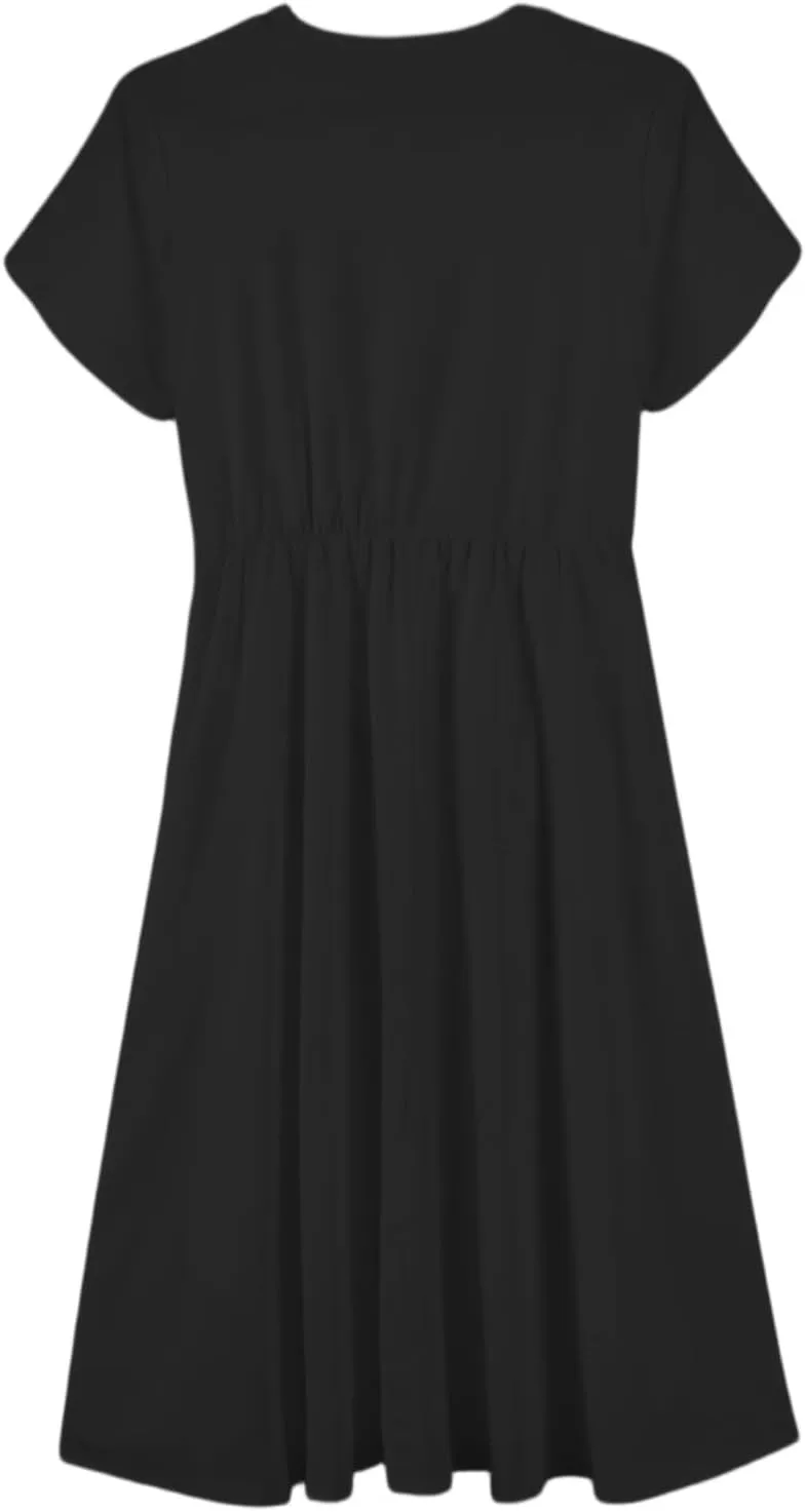 NBXNZWF Women 2025 Summer Dress Short Sleeve Crewneck Belt Midi Dress Floral Print Elegant A Line T-Shirt Dress with Pockets