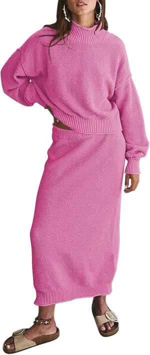 Pink Queen Women's 2 Piece Sweater Set Outfits Long Sleeve Oversized Top Bodycon Maxi Long Skirt Knit Dresses