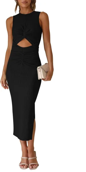 Pink Queen Women's Crew Neck Sleeveless Cutout Twist Ruched Slit Tie Back Ribbed Bodycon Midi Dress