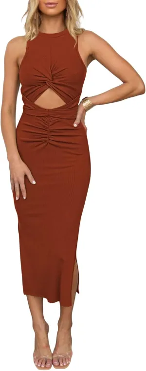 Pink Queen Women's Crew Neck Sleeveless Cutout Twist Ruched Slit Tie Back Ribbed Bodycon Midi Dress