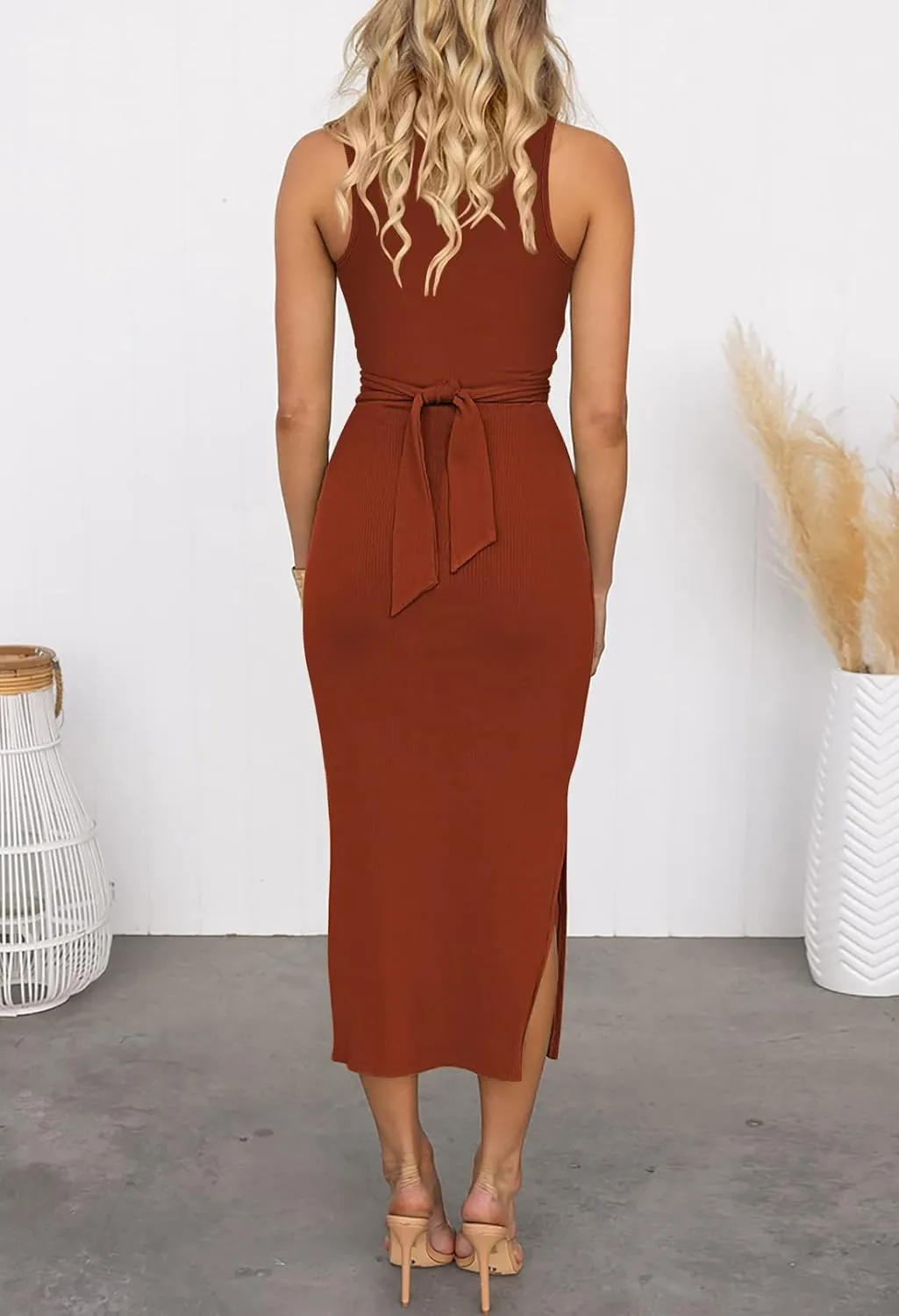 Pink Queen Women's Crew Neck Sleeveless Cutout Twist Ruched Slit Tie Back Ribbed Bodycon Midi Dress