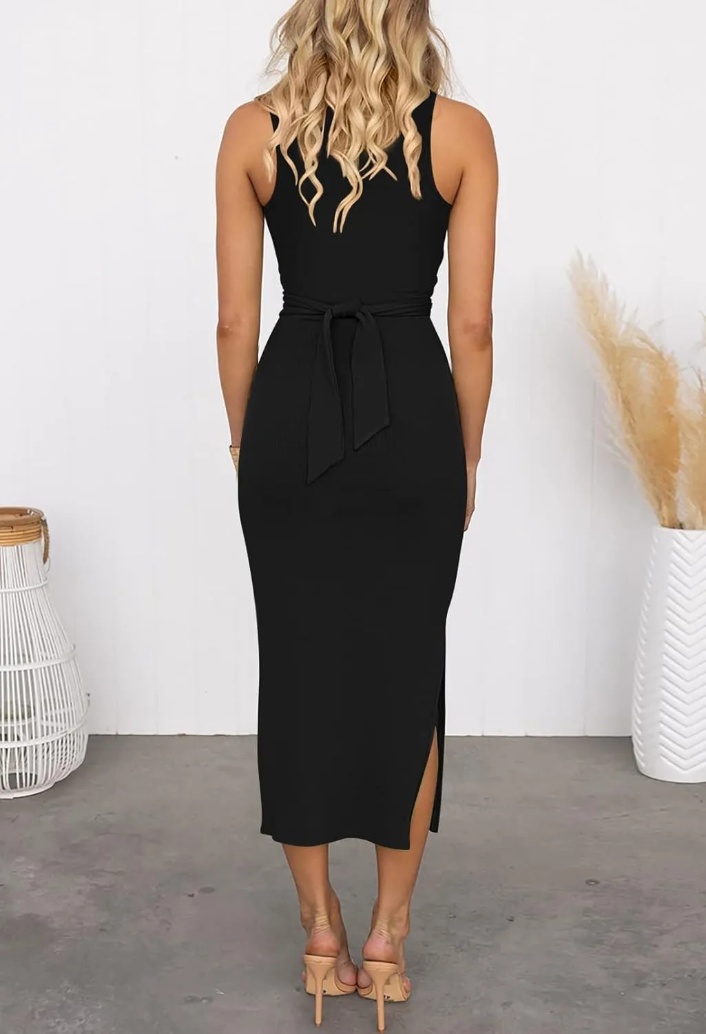 Pink Queen Women's Crew Neck Sleeveless Cutout Twist Ruched Slit Tie Back Ribbed Bodycon Midi Dress