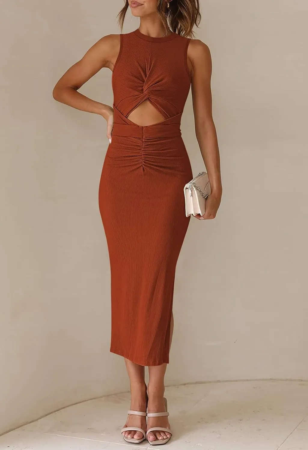 Pink Queen Women's Crew Neck Sleeveless Cutout Twist Ruched Slit Tie Back Ribbed Bodycon Midi Dress