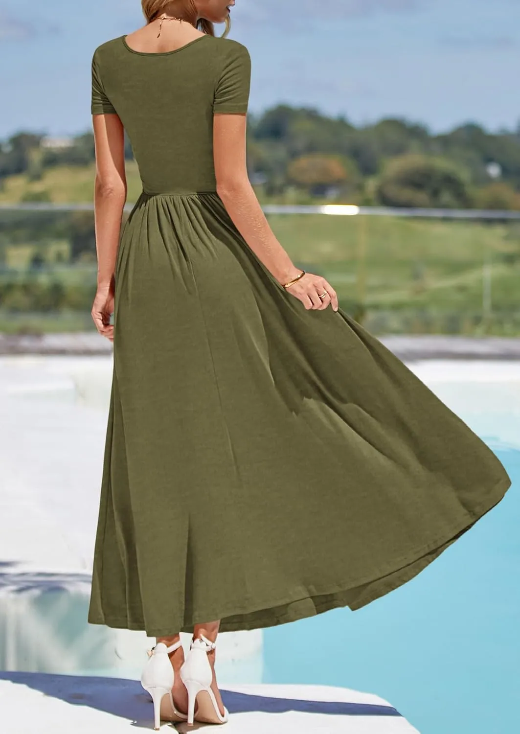 PRETTYGARDEN Women's Casual Dresses 2025 Summer Short Sleeve Ruched Patchwork A Line Pleated Swing Maxi Dress with Pockets