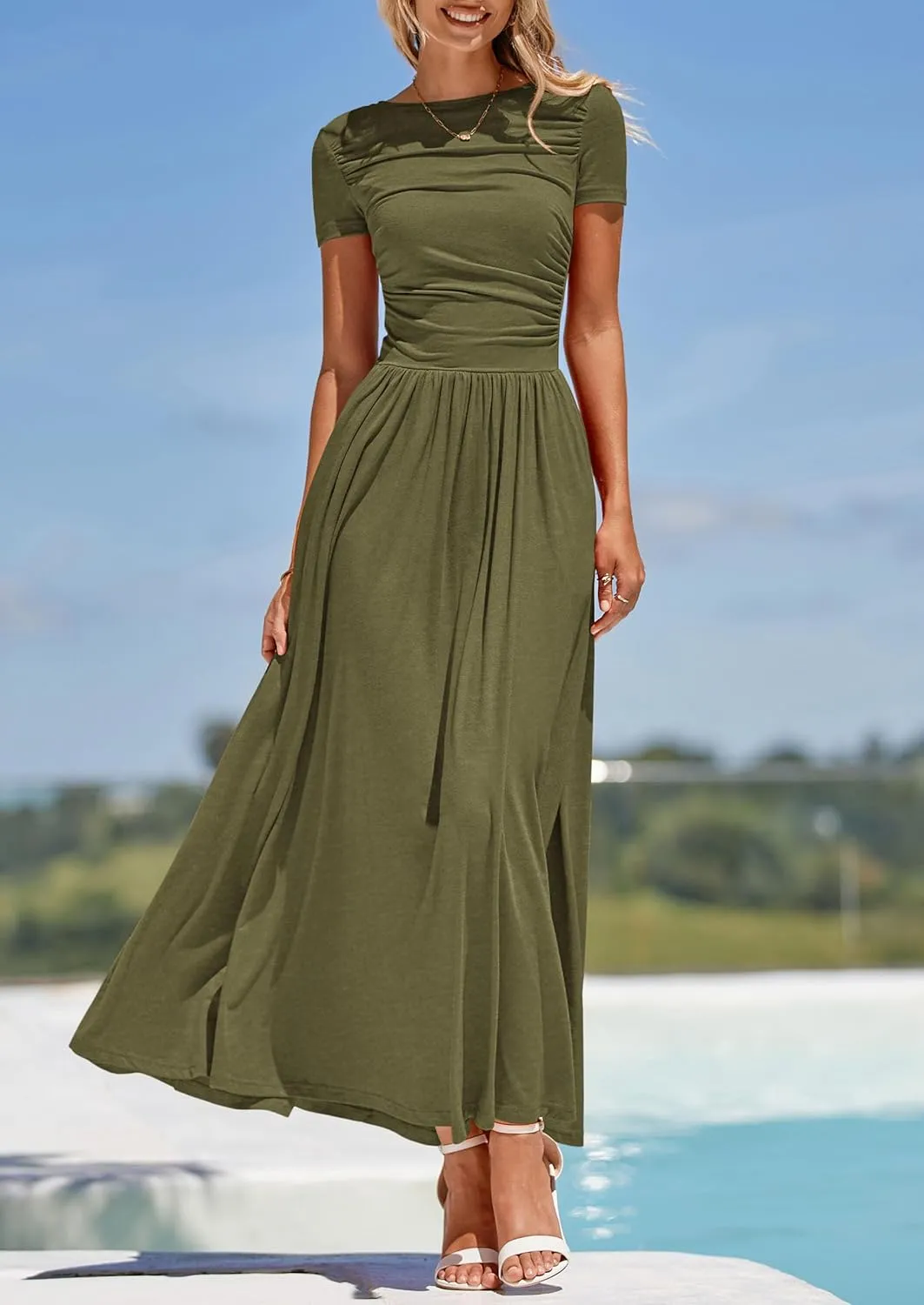 PRETTYGARDEN Women's Casual Dresses 2025 Summer Short Sleeve Ruched Patchwork A Line Pleated Swing Maxi Dress with Pockets