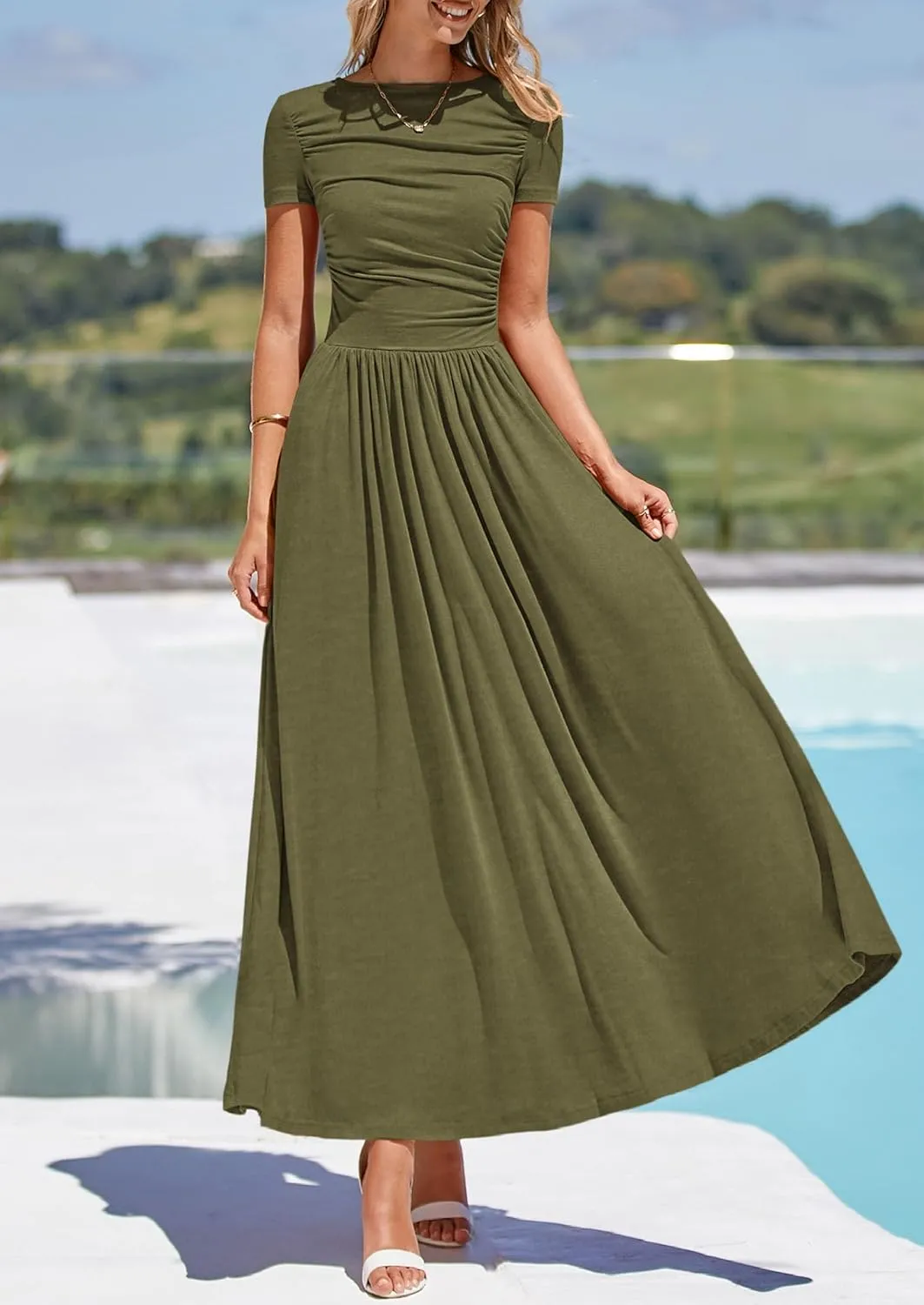 PRETTYGARDEN Women's Casual Dresses 2025 Summer Short Sleeve Ruched Patchwork A Line Pleated Swing Maxi Dress with Pockets