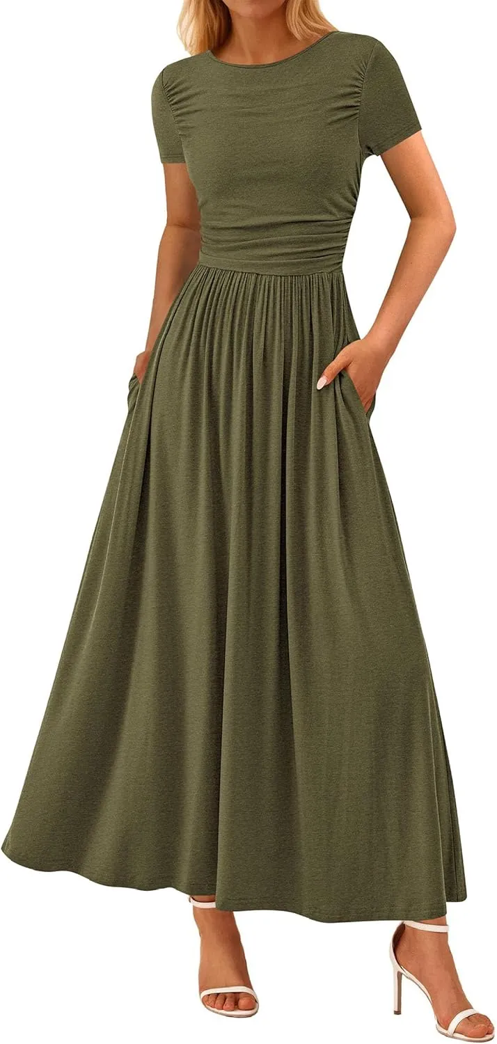 PRETTYGARDEN Women's Casual Dresses 2025 Summer Short Sleeve Ruched Patchwork A Line Pleated Swing Maxi Dress with Pockets