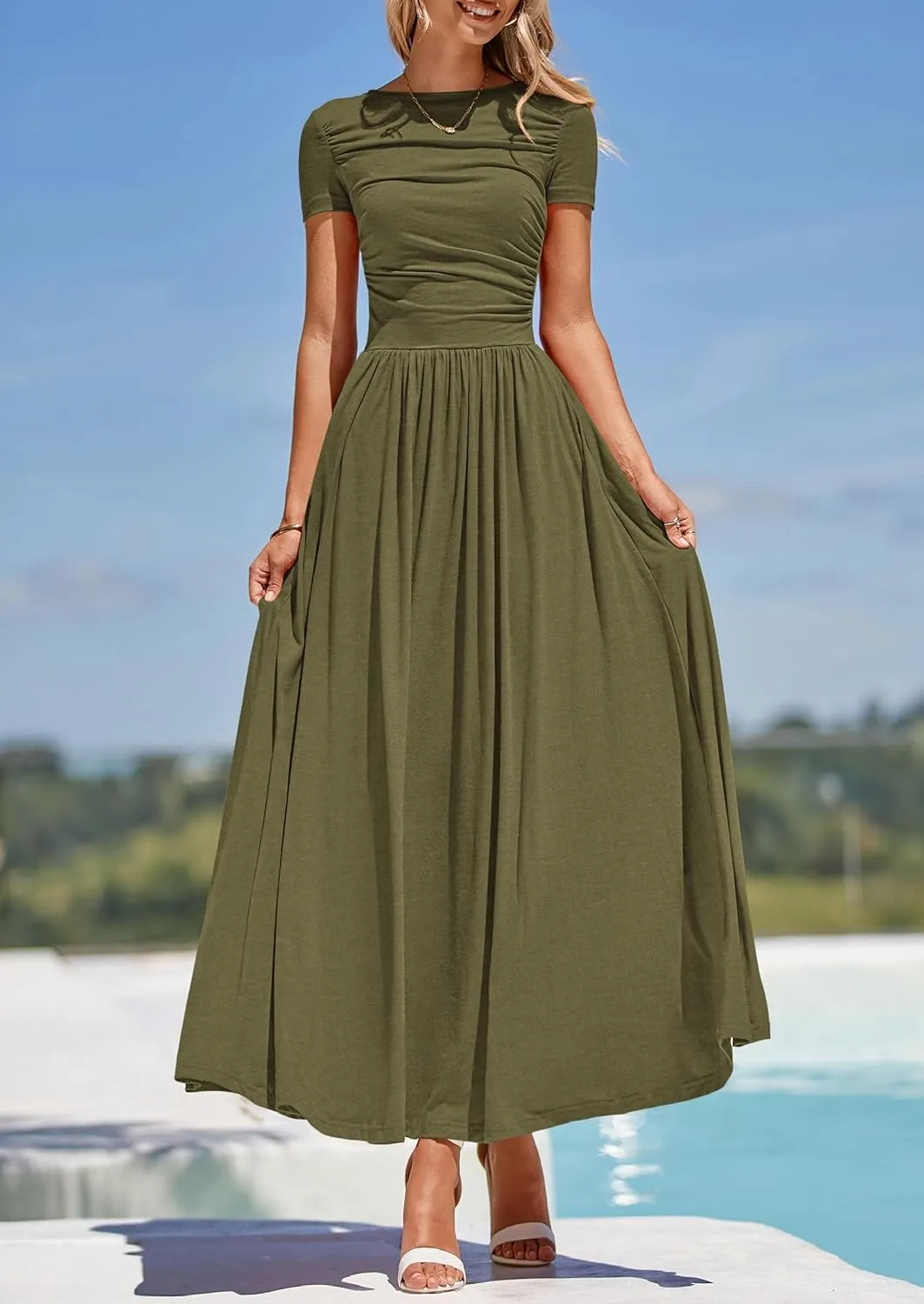 PRETTYGARDEN Women's Casual Dresses 2025 Summer Short Sleeve Ruched Patchwork A Line Pleated Swing Maxi Dress with Pockets