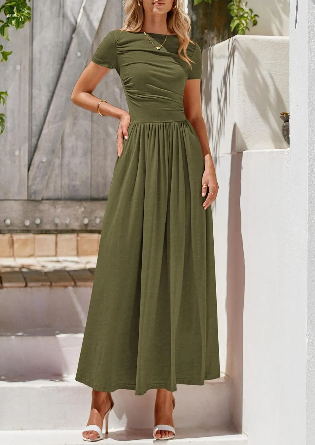 PRETTYGARDEN Women's Casual Dresses 2025 Summer Short Sleeve Ruched Patchwork A Line Pleated Swing Maxi Dress with Pockets