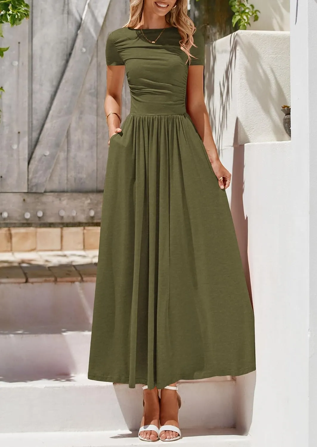 PRETTYGARDEN Women's Casual Dresses 2025 Summer Short Sleeve Ruched Patchwork A Line Pleated Swing Maxi Dress with Pockets